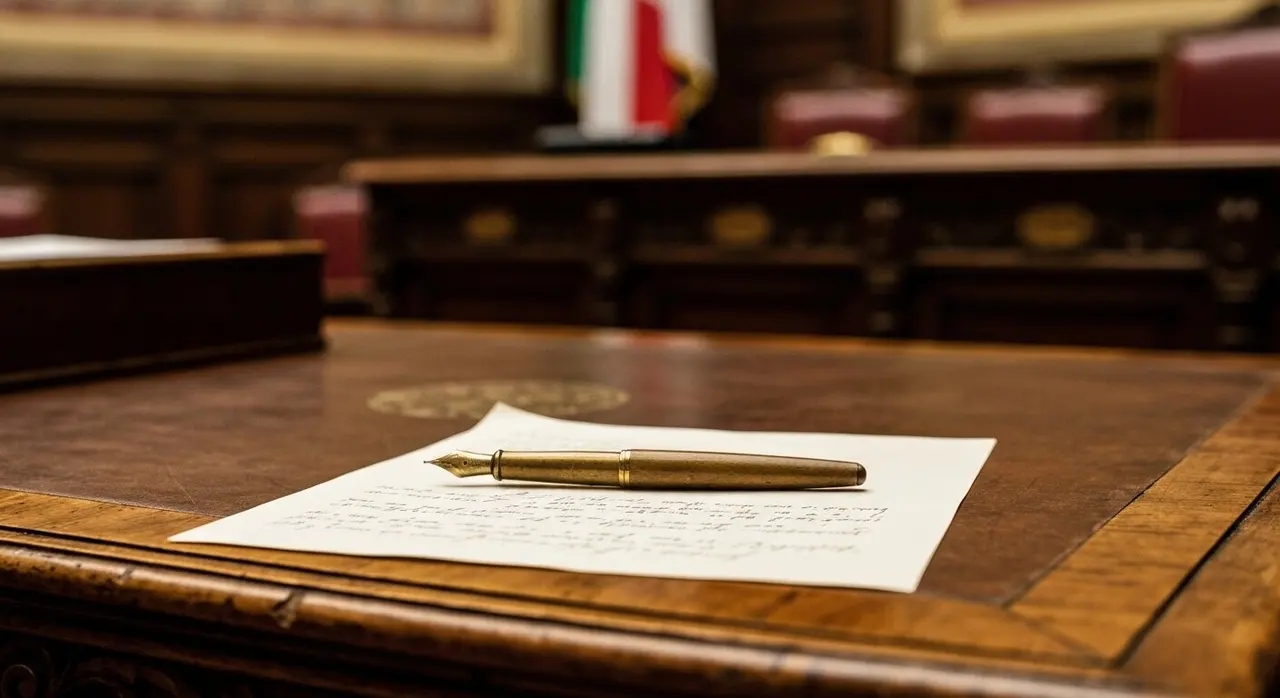 Lettera manoscritta di dimissioni su scrivania parlamentare con bandiera italiana sullo sfondo