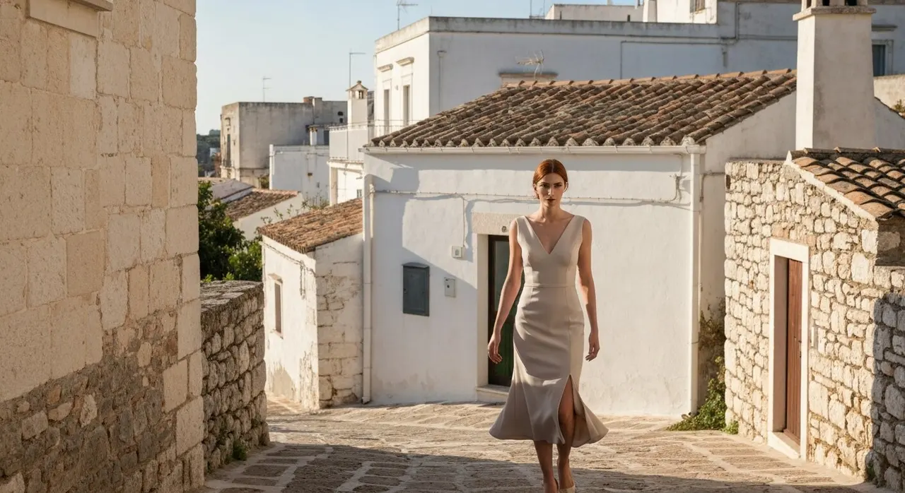 Italia di Moda MAXXI scatto in borgo del Sud Italia con abito sartoriale