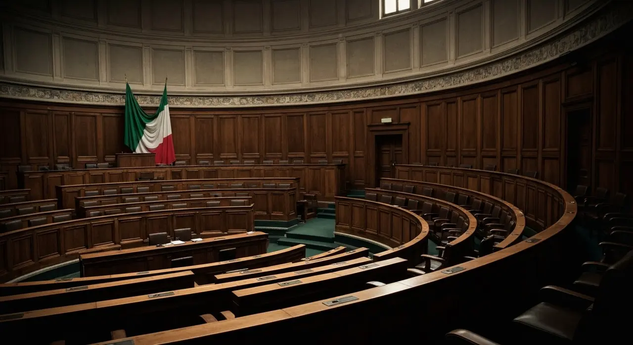 Stabilicum legge elettorale: aula del Parlamento italiano con Costituzione in primo piano