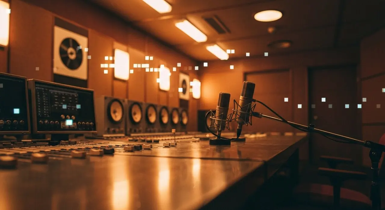 Studio di registrazione vintage anni Ottanta con bobine analogiche, evocazione dell'ultima intervista a John Lennon ricostruita da Soderbergh con IA Meta