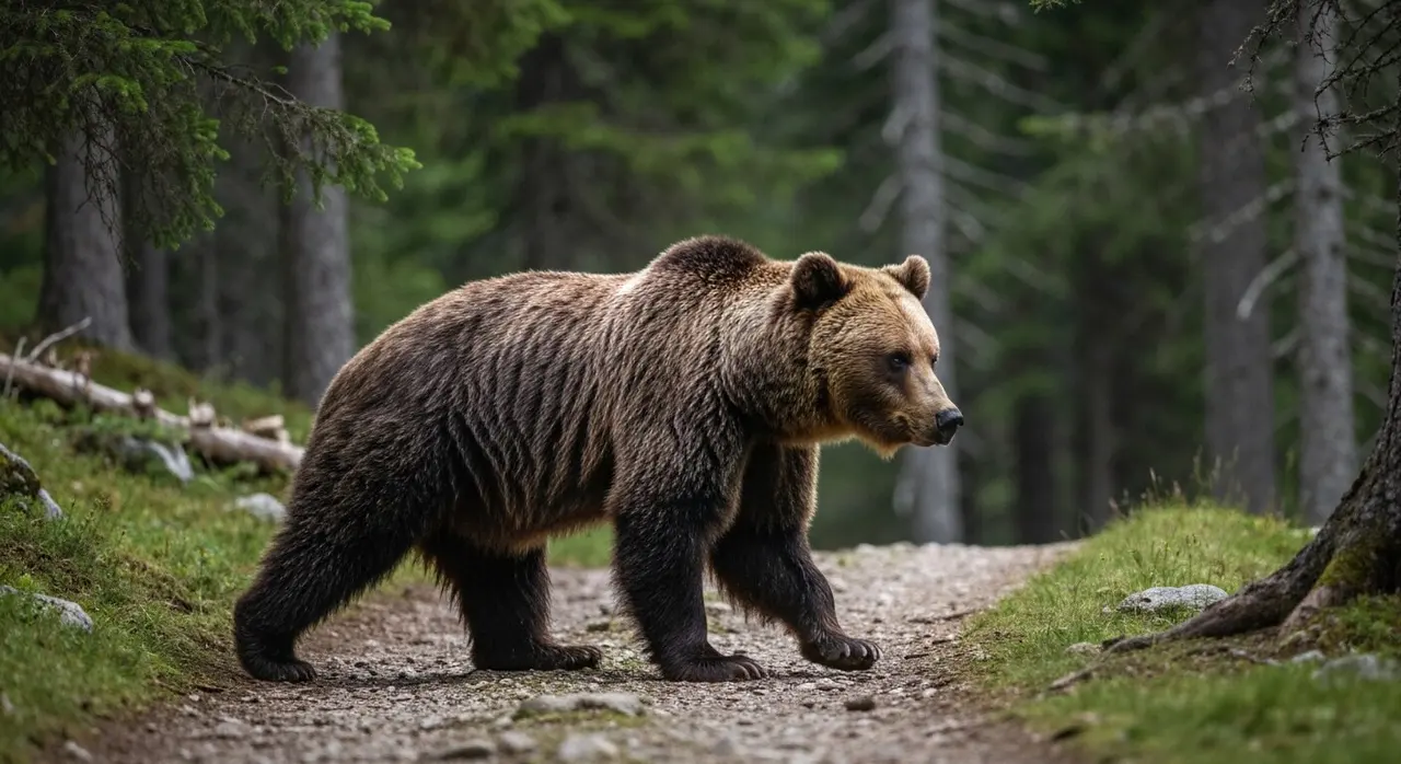 Orso bruno in un sentiero forestale alpino, gestione fauna selvatica nelle Province autonome