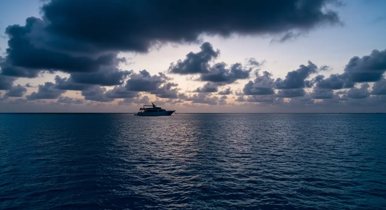Tragedia sub Maldive: yacht da crociera ancorato in un atollo dell'Oceano Indiano al tramonto