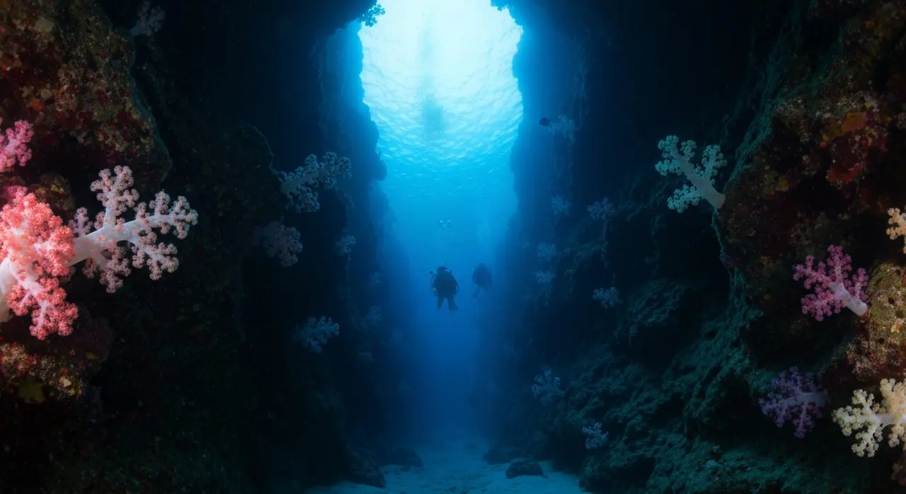 Passaggio in grotta corallina a 50 metri di profondità nell'atollo di Vaavu