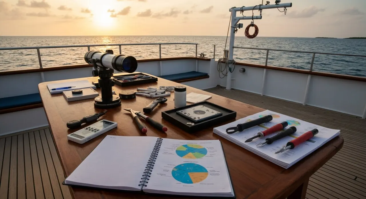 Strumenti di biologia marina su una nave di ricerca alle Maldive al tramonto