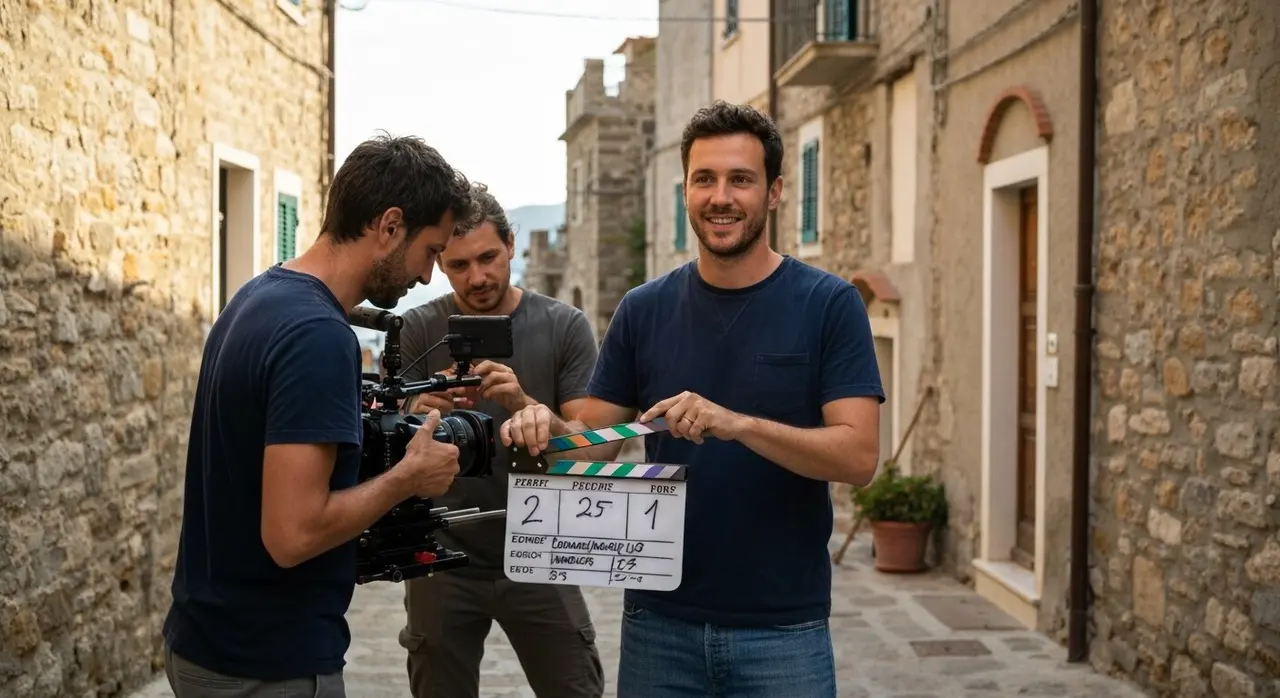 Sul set di un cortometraggio italiano: ciak e troupe in un borgo del Cilento