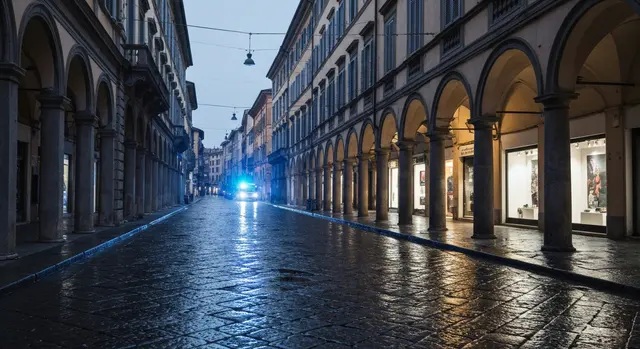 Attentato Modena via Emilia: strada del centro storico con luci di emergenza