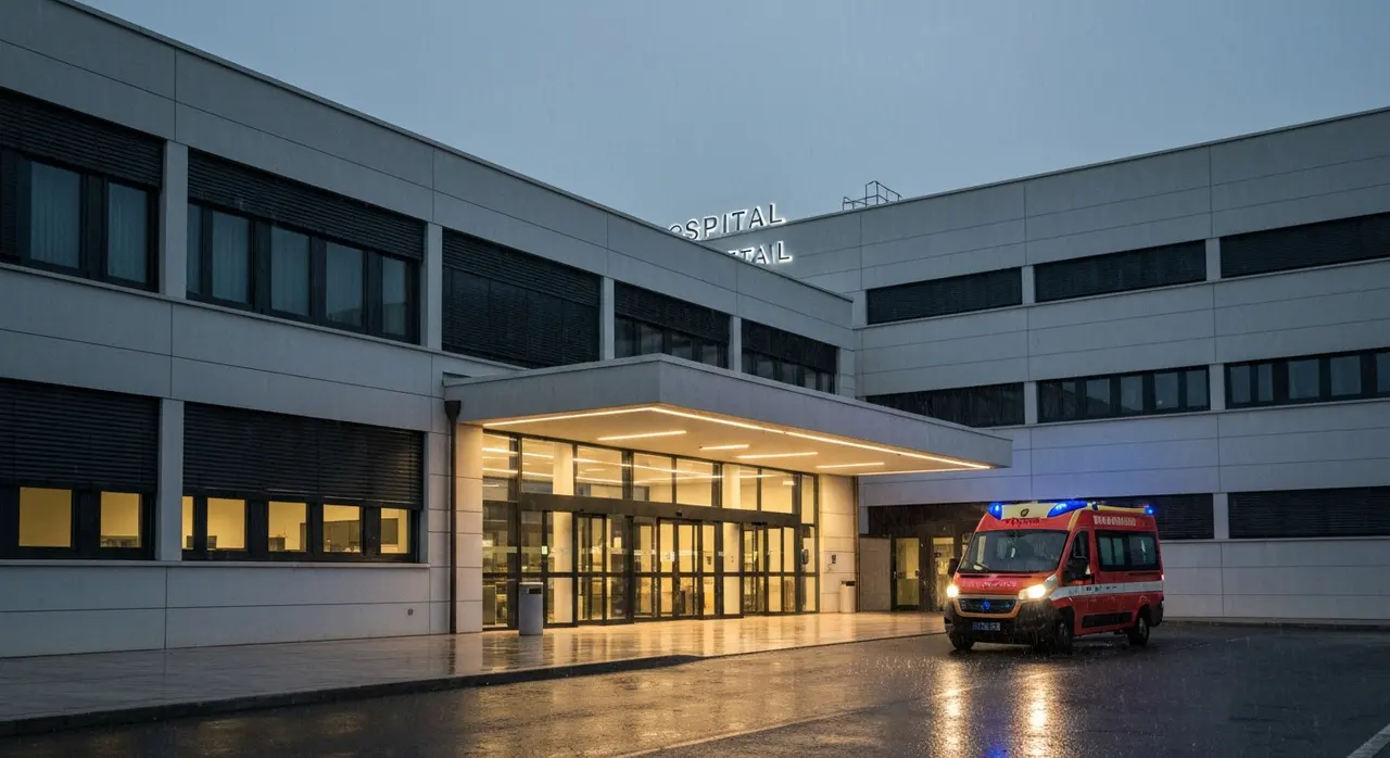Esterno di un ospedale italiano con accesso al pronto soccorso al crepuscolo