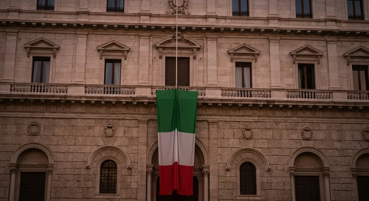 Bandiera italiana davanti a un palazzo storico in segno di lutto