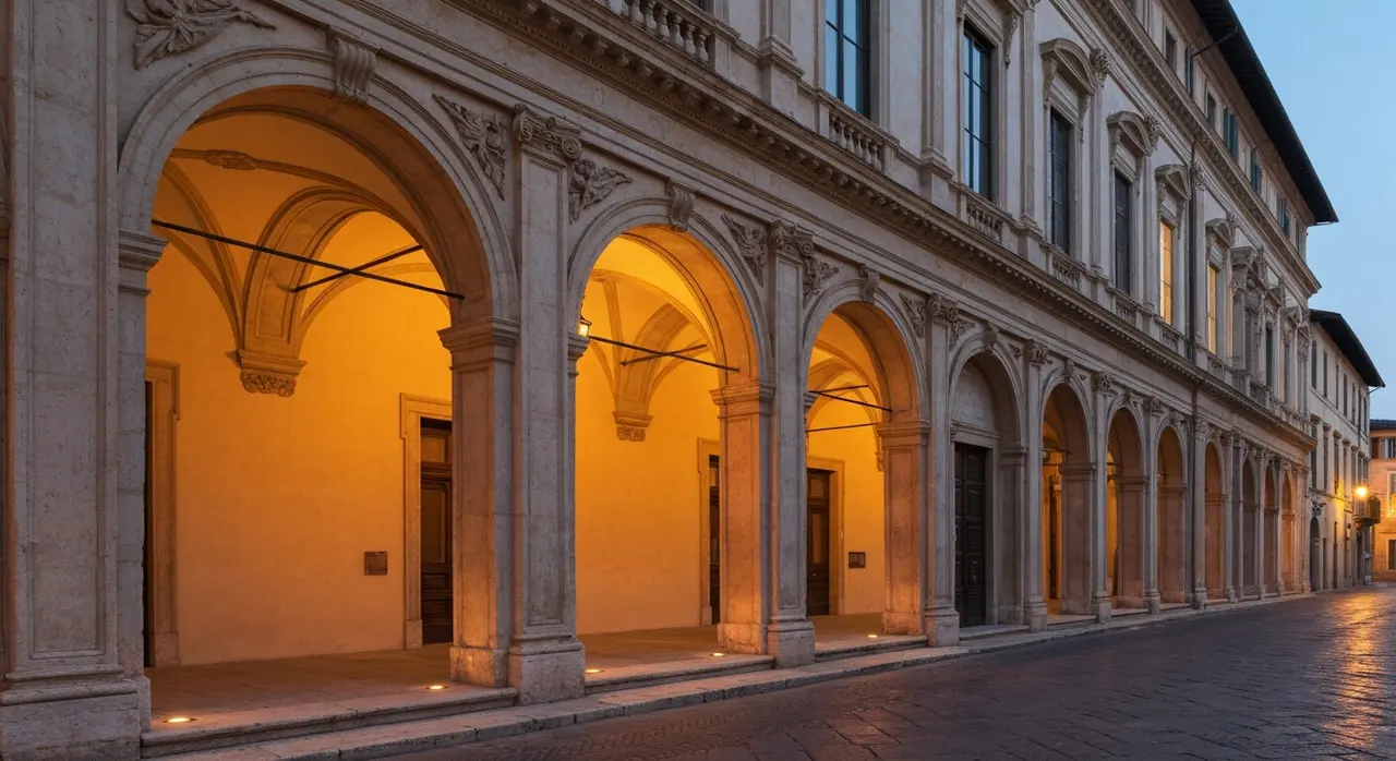 Palazzo rinascimentale fiorentino al tramonto, dettaglio archi e pilastri