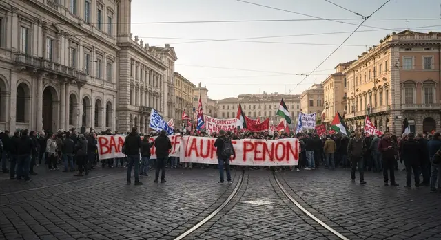 Sciopero generale USB 18 maggio: piazza italiana affollata con bandiere sindacali e palestinesi durante la mobilitazione di 24 ore