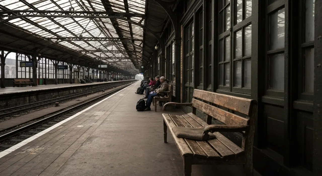Sciopero generale USB 18 maggio: stazione ferroviaria italiana semi-deserta con tabellone partenze pieno di cancellazioni