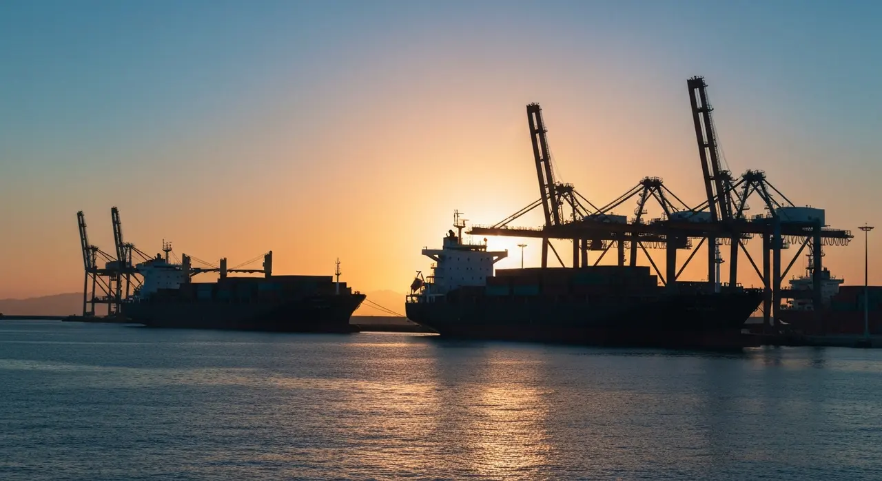 Porto del Mediterraneo all'alba, snodo logistico del corridoio IMEC tra India ed Europa