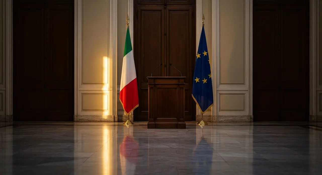 Sala stampa istituzionale italiana con bandiere Italia e Unione Europea e leggio per la conferenza Farnesina