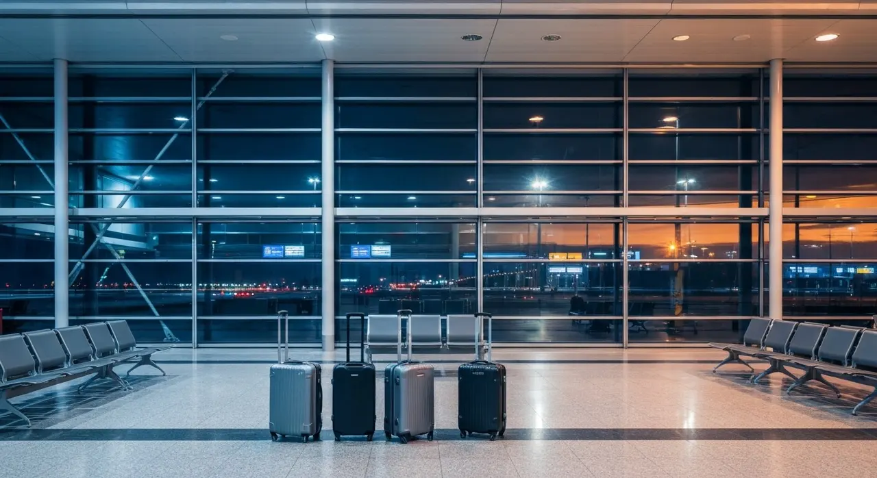 Sala arrivi di aeroporto italiano in serata con valigie pronte per il rientro degli attivisti Flotilla