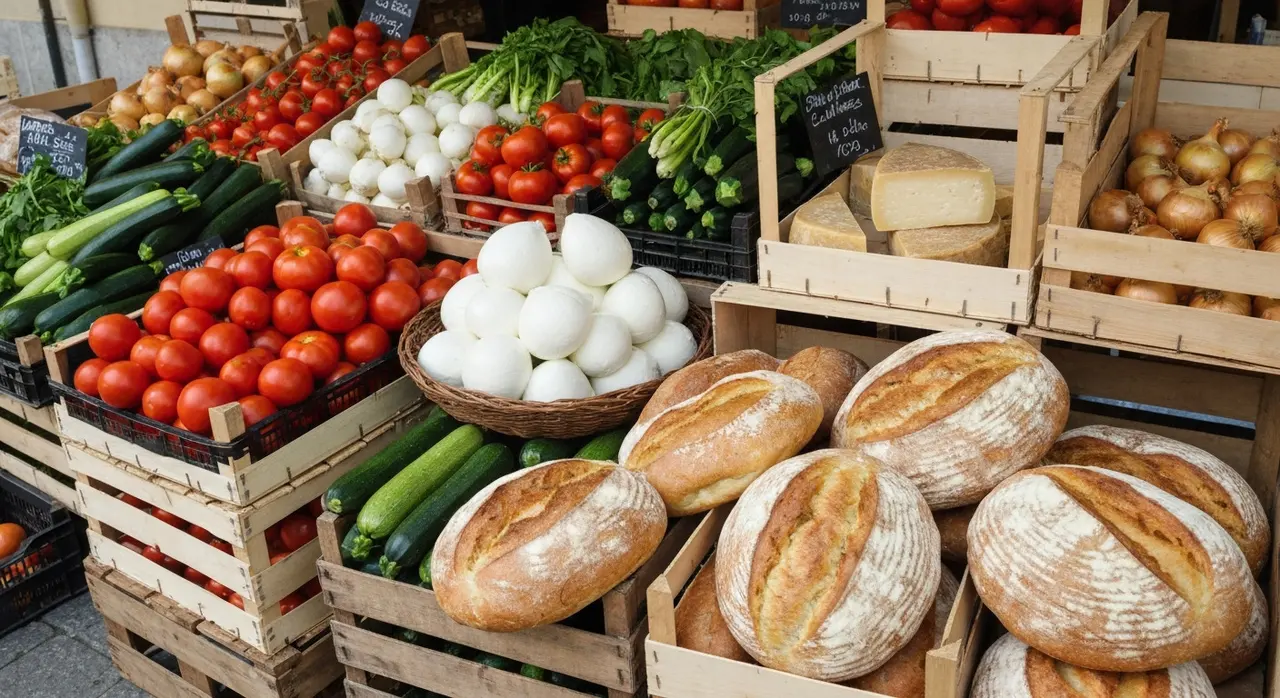 Banco di un mercato contadino italiano con prodotti di stagione, simbolo della filosofia Slow Food
