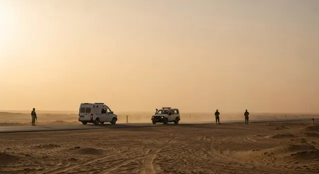 italiani scomparsi Libia: convoglio umanitario Global Sumud Land Convoy a un checkpoint nel deserto di Sirte