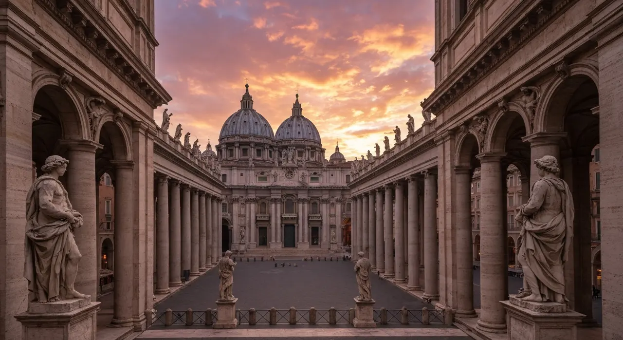 Cupola della basilica di San Pietro al tramonto, sfondo della presentazione dell'enciclica Magnifica Humanitas