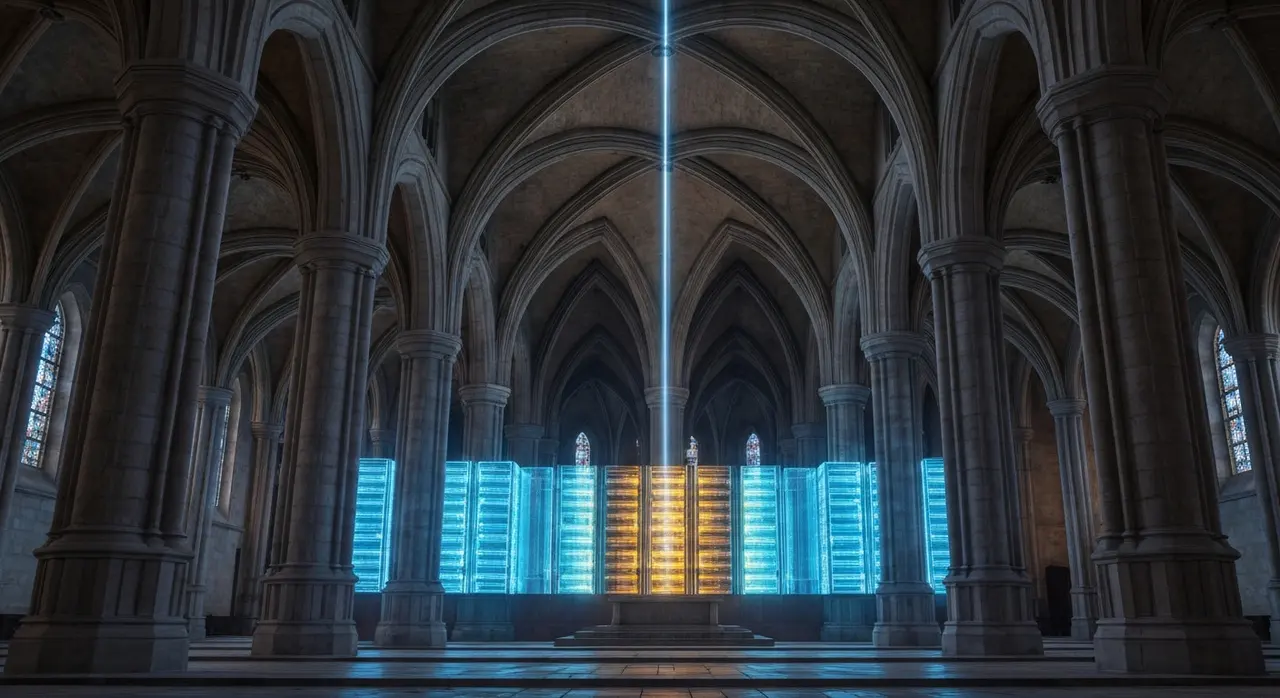 Navata gotica con server astratti e fasci di luce dati: metafora dell'enciclica Magnifica Humanitas sull'intelligenza artificiale