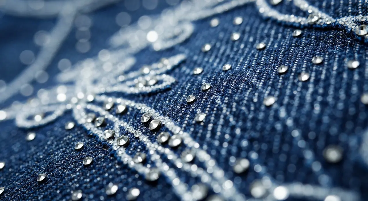 Tessuto denim premium italiano con ricami in cristallo, dettaglio della collezione Liu Jo primavera estate 2027