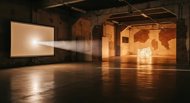 Festival del Tempo 2026: schermo luminoso in spazio espositivo romano al crepuscolo