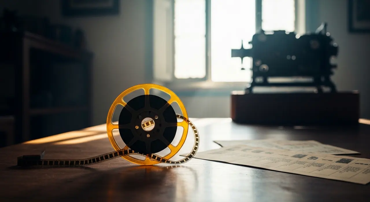 Bobina di pellicola 35mm in atelier romano, simbolo della selezione cinematografica del Festival del Tempo