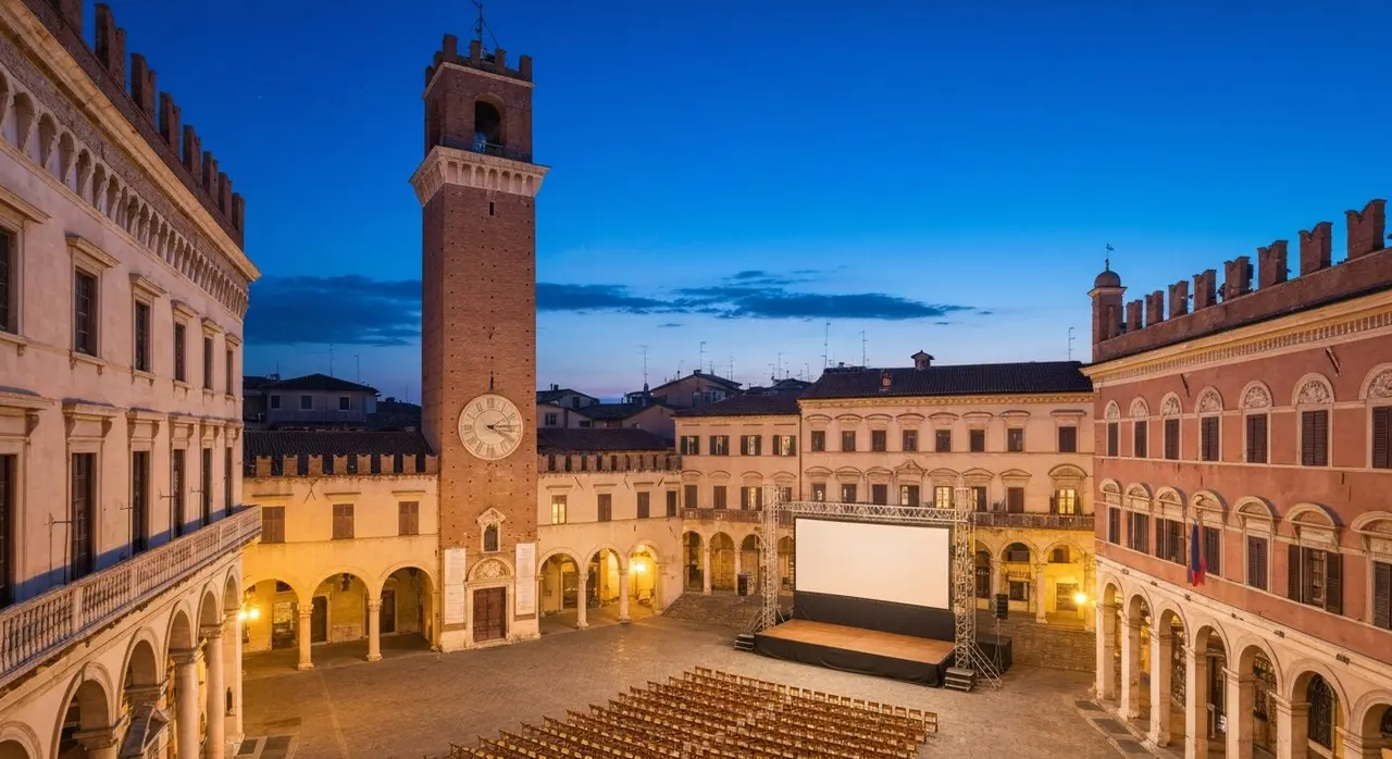 Cinema Ritrovato 2026: schermo allestito in Piazza Maggiore a Bologna al tramonto