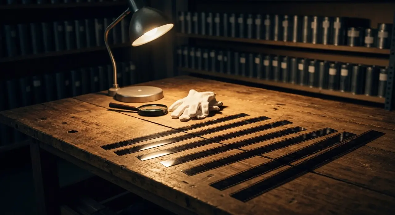 Bobina d'epoca e pellicola sul tavolo del laboratorio di restauro cinematografico