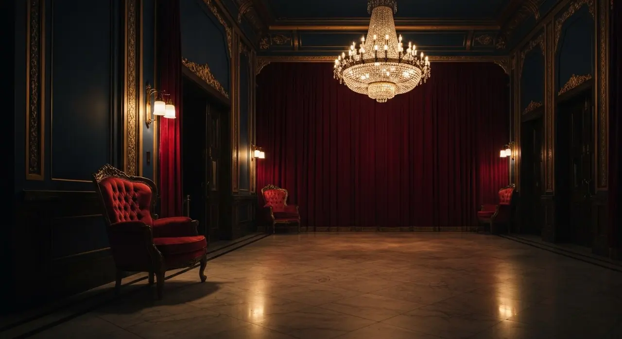 Foyer art déco di un cinema d'epoca con velluti rossi e lampadario di cristallo