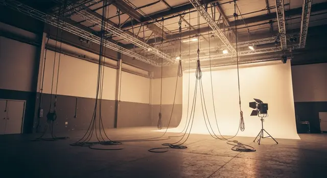 Fondo cinema 2026: set di produzione italiano vuoto al tramonto, lavoratori dell'audiovisivo a rischio
