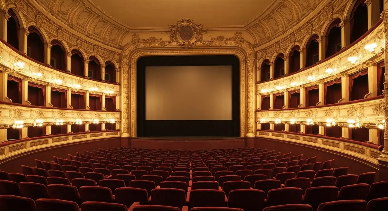 Sala cinematografica italiana vuota con poltrone rosse: crisi delle sale e del credito d'imposta all'esercizio