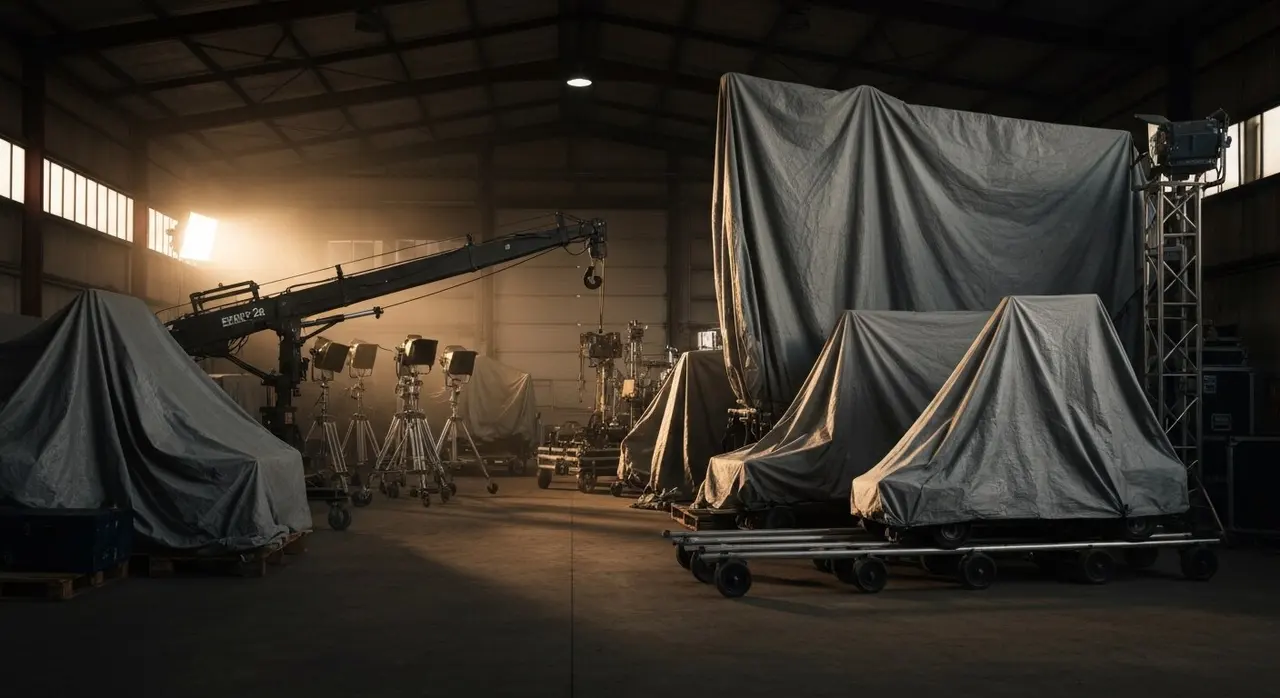 Attrezzatura cinematografica coperta da teli in un magazzino al tramonto: produzioni italiane ferme per i tagli al Fondo cinema