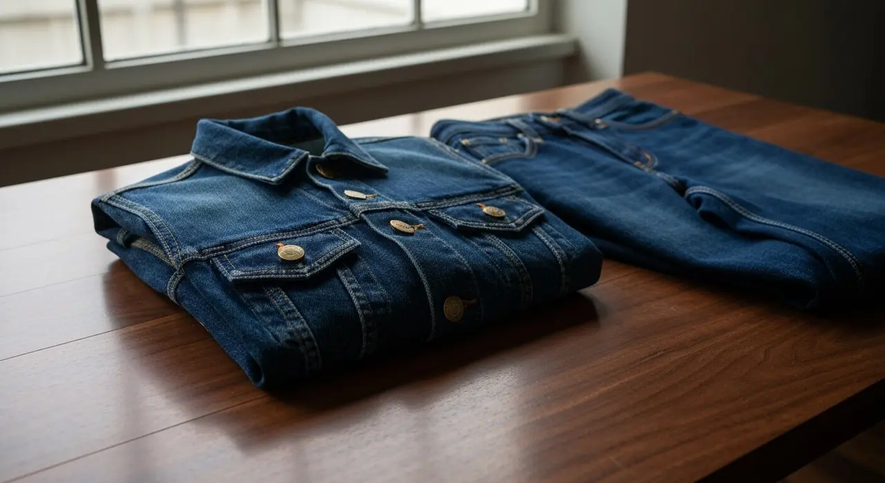 Giacca in denim indigo grezzo Dondup piegata su tavolo di noce con bottoni in ottone