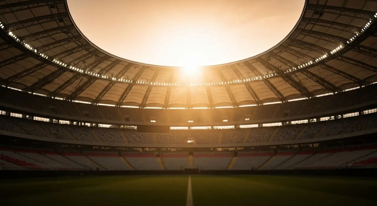 Interno dello stadio di San Siro vuoto al tramonto, vista dal campo verso le tribune