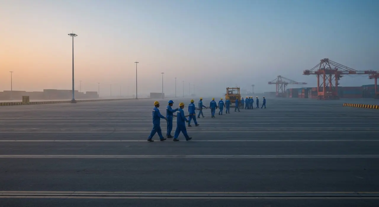 Dazi Trump PMI italiane: container al porto italiano all'alba con tonalità blu-ambra