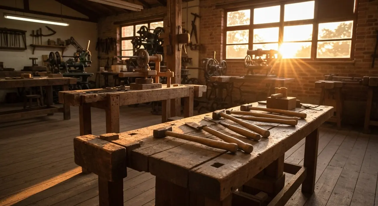 Laboratorio artigiano italiano del mobile con attrezzi e legno grezzo nei toni ambra