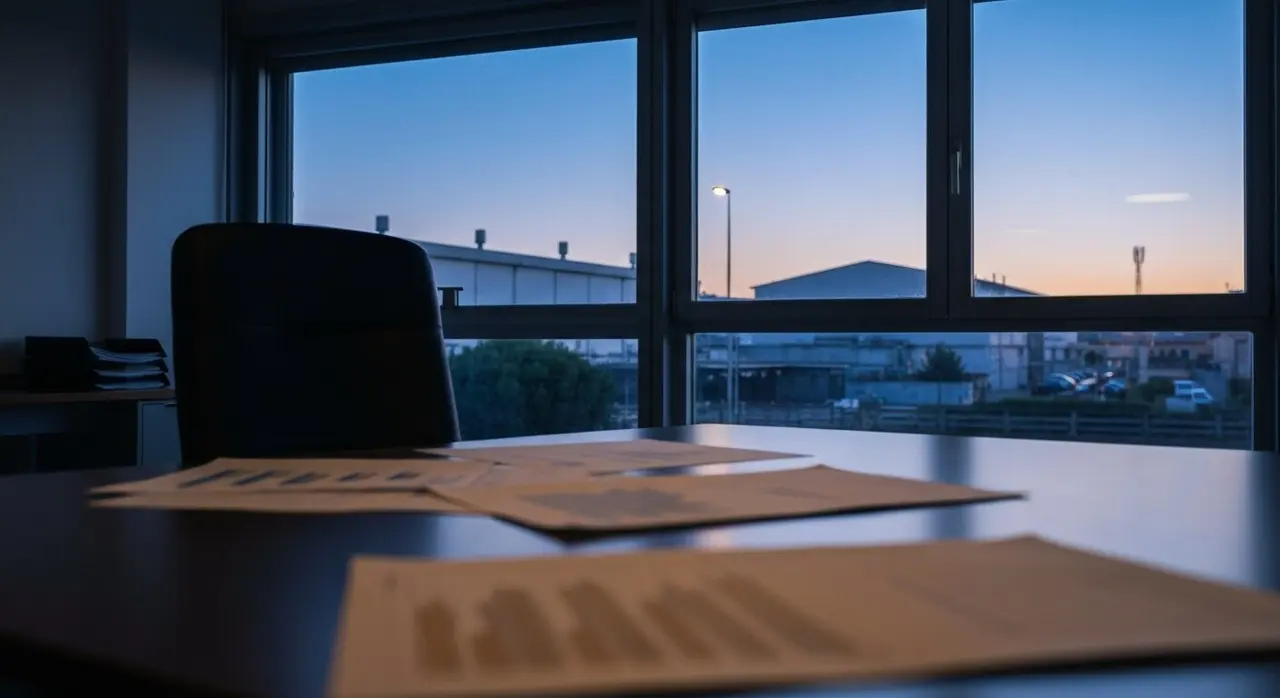 Ufficio vuoto di piccola impresa italiana al tramonto su distretto industriale mediterraneo