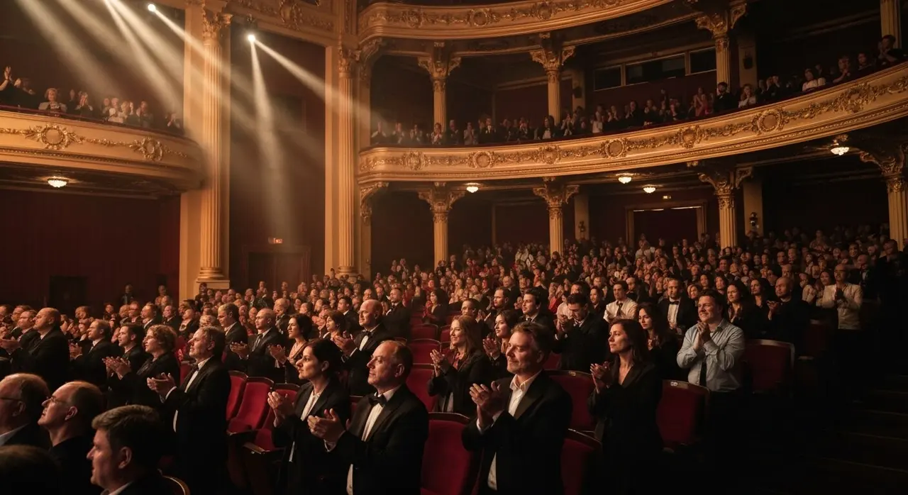 Sala Grande del Lido in piedi durante la standing ovation di 15 minuti per Smashing Machine Venezia 82