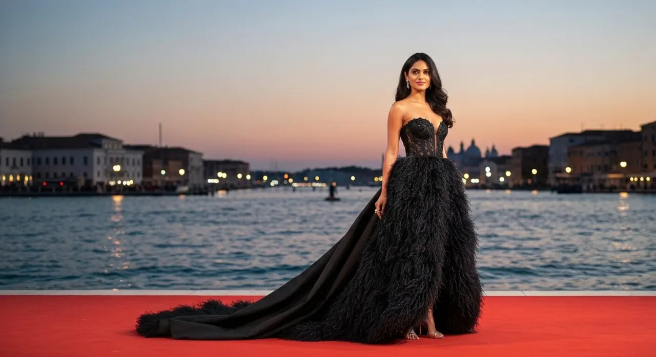 Red carpet Venezia 82, abito couture nero con piume di Margiela in posa sotto i flash della Mostra del Cinema