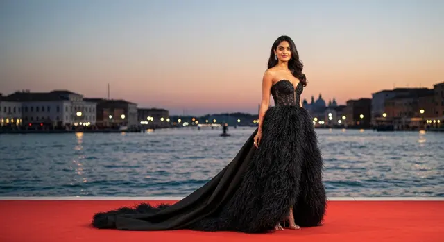 Red carpet Venezia 82, abito couture nero con piume di Margiela in posa sotto i flash della Mostra del Cinema