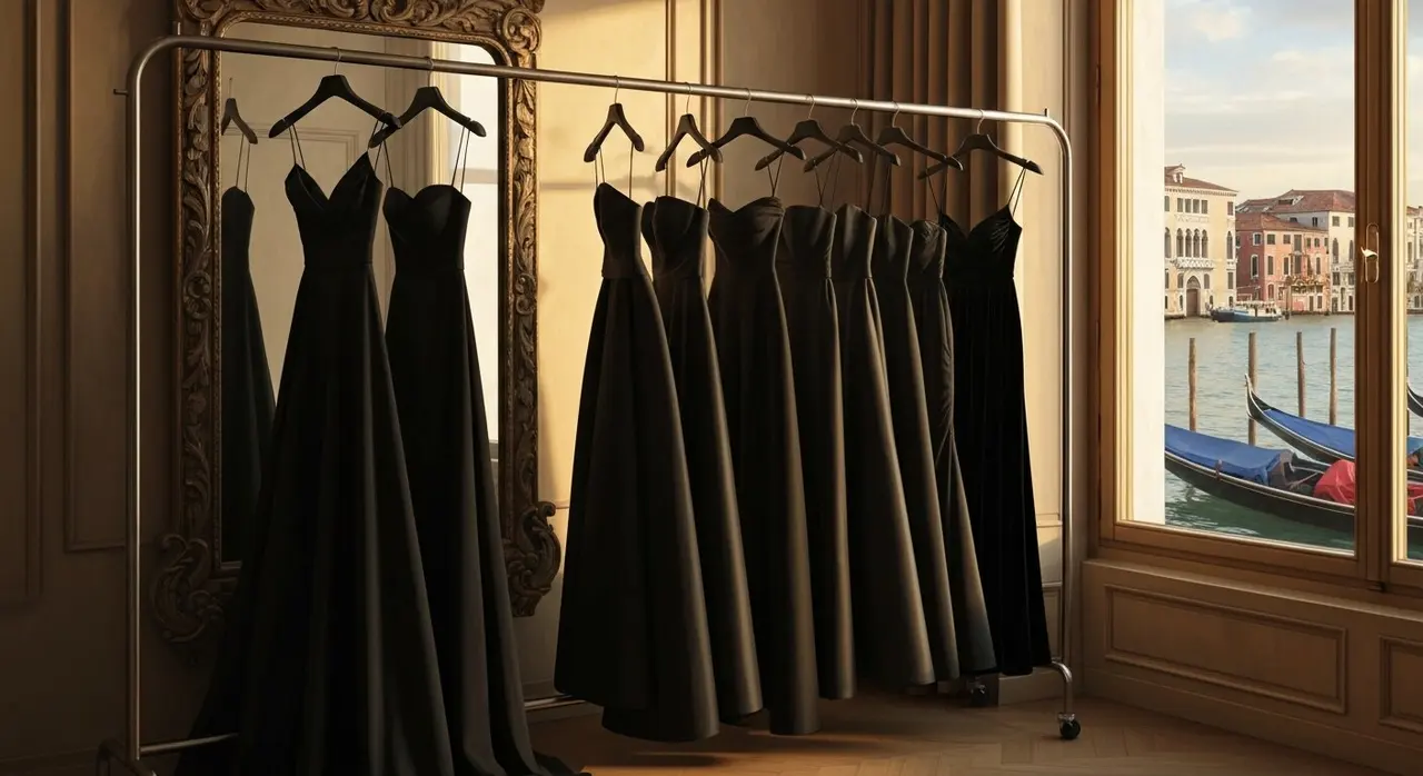 Dietro le quinte del red carpet Venezia 82: abiti couture appesi nella suite di un hotel sul Canal Grande prima della cerimonia
