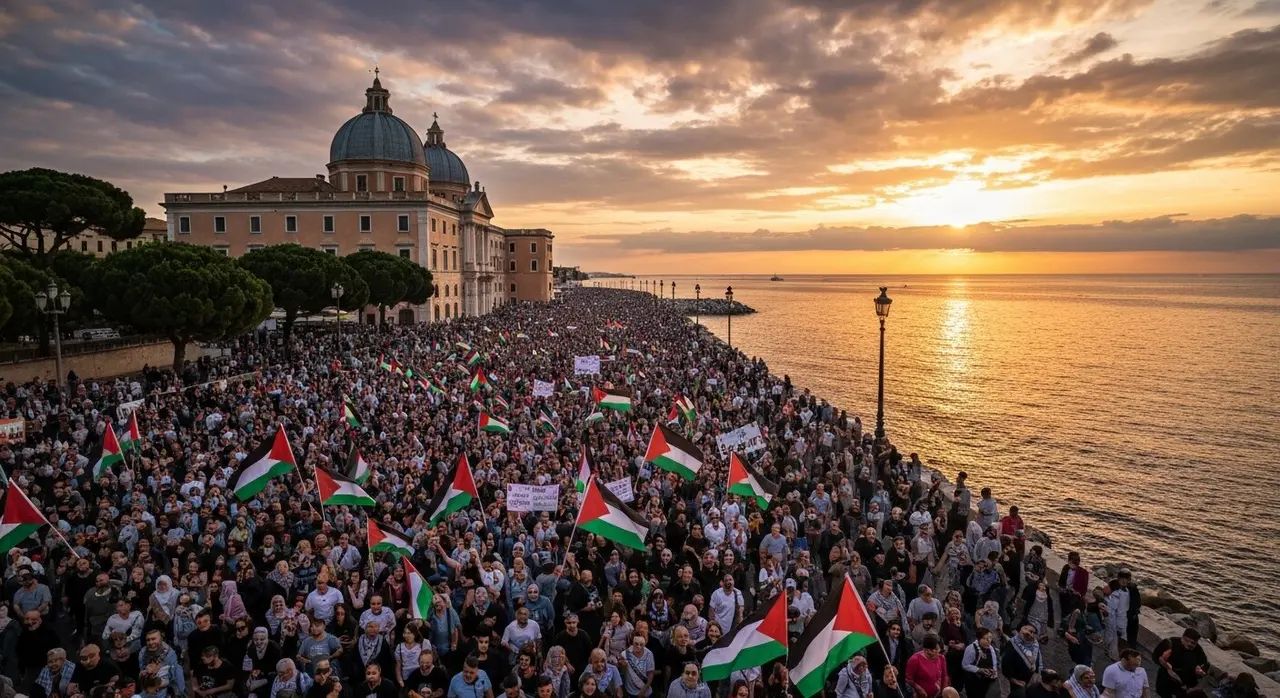 Veduta dall'alto del corteo per la protesta pro-Palestina Venezia 82: migliaia di manifestanti diretti verso il Palazzo del Cinema