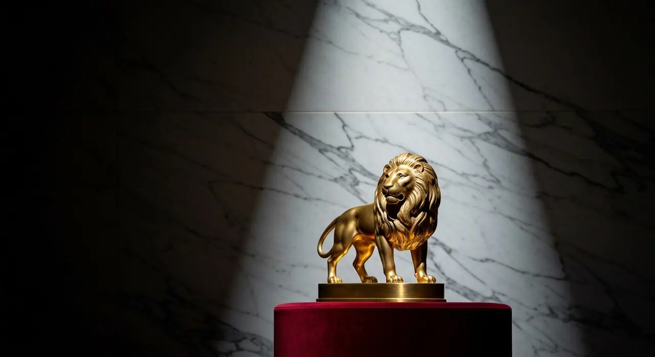Vincitori Venezia 82: il Leone d'Oro su un piedistallo di velluto durante la cerimonia di premiazione della 82a Mostra del Cinema