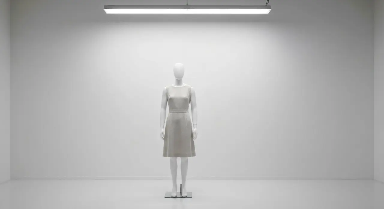 Abito bianco plissettato esposto in vetrina museale, simbolo iconico della carriera di Marilyn Monroe