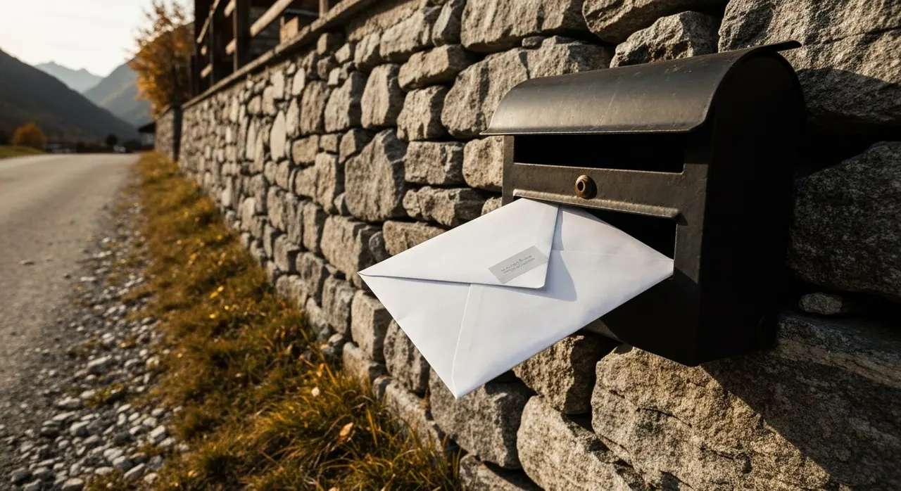 Cassetta della posta su muro di pietra alpino con busta anonima, scenario delle minacce ricevute dal cronista Cappellari