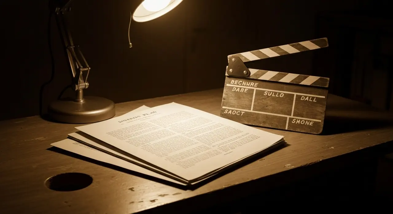 Sceneggiatura aperta di Falso movimento e ciak vintage anni Settanta su scrivania in legno con luce tungsteno