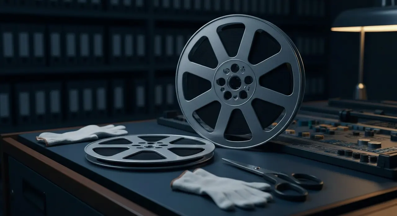 Bobina di pellicola 35mm e tavolo di montaggio in archivio cinematografico in penombra, simbolo del dibattito sul taglio