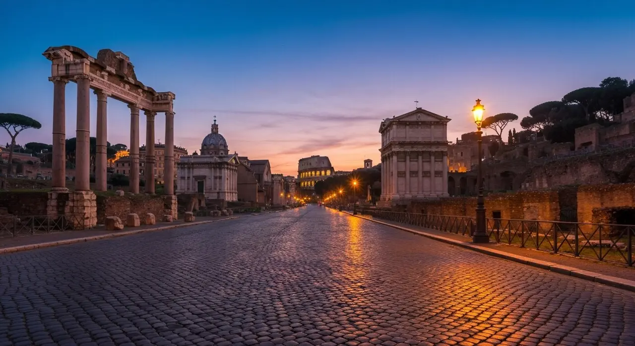 Via dei Fori Imperiali a Roma all'alba con Colosseo sullo sfondo per la parata militare del 2 giugno