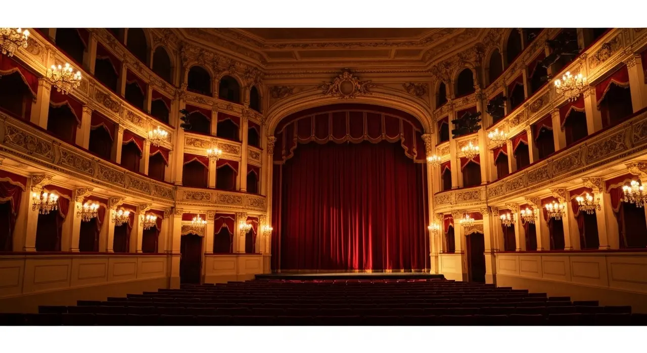 Simone Rocha Pitti Uomo 110 al Teatro della Pergola di Firenze, scena teatrale storica con sipario di velluto rosso