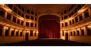 Simone Rocha Pitti Uomo 110 al Teatro della Pergola di Firenze, scena teatrale storica con sipario di velluto rosso