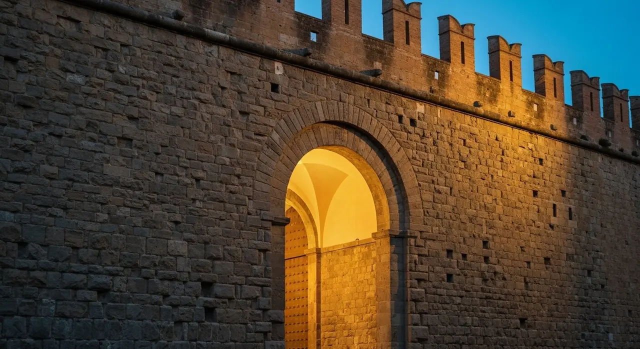 Fortezza da Basso di Firenze, sede storica di Pitti Uomo 110, particolare di muratura rinascimentale all'ora blu